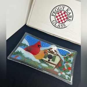VTG 2003 Peggy Karr Glass 10” Cardinals Fused Glass Tray w/ Box